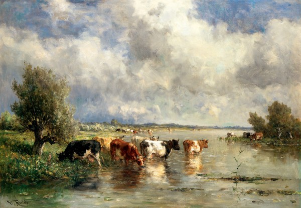 River landscape with cows by Willem Roelofs